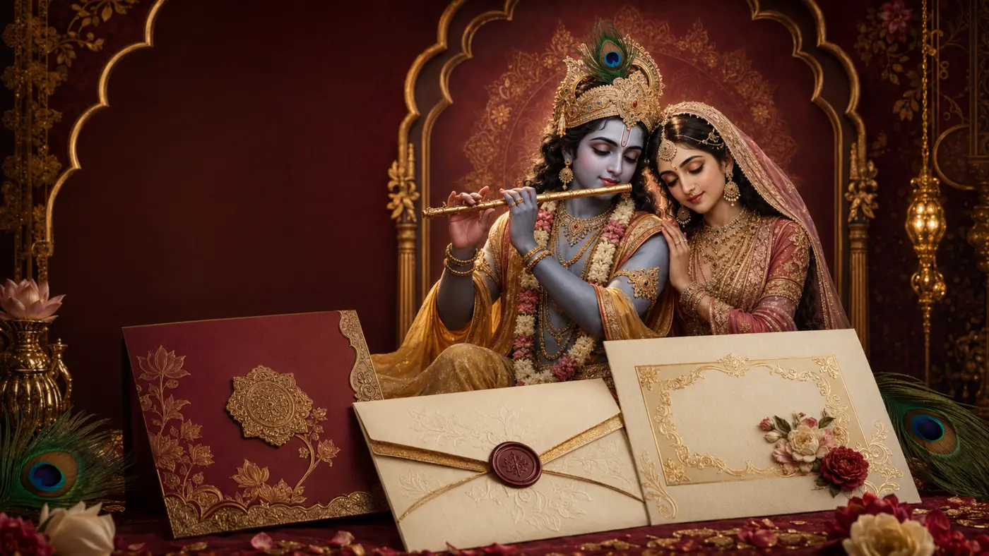 Radha Krishna beside premium wedding invitations